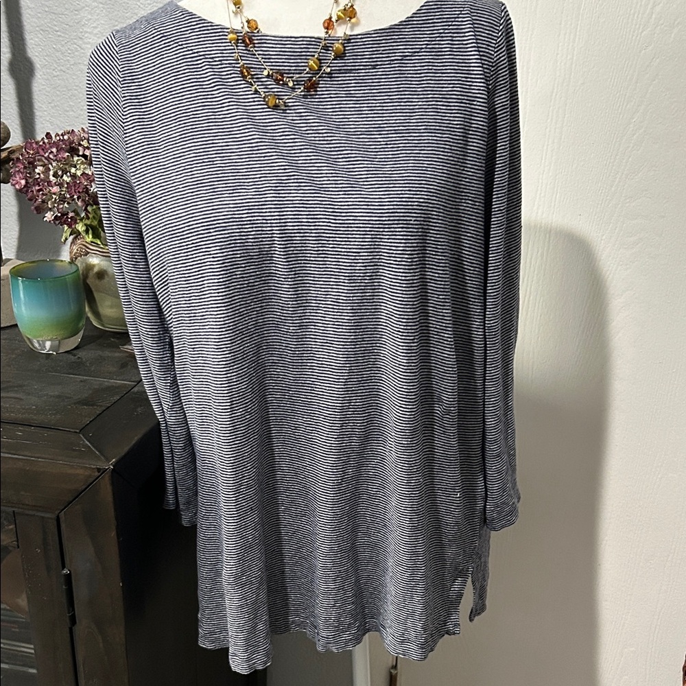 Eileen Fisher Navy and White Micro-Striped Long-Sleeve Boatneck Top